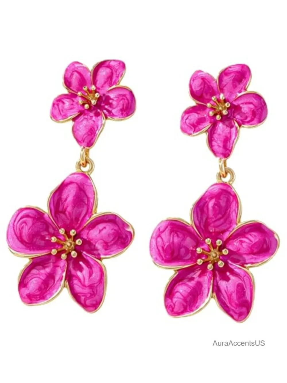 Double Flower Drop Earrings, Vintage Enamel Dangle Earrings, Gold Plated